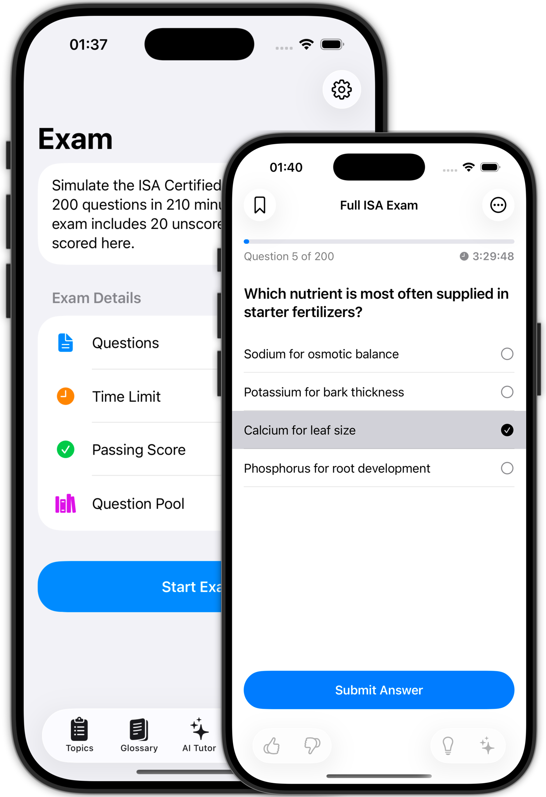 ISA Arborist Exam Prep app showing the full exam simulation