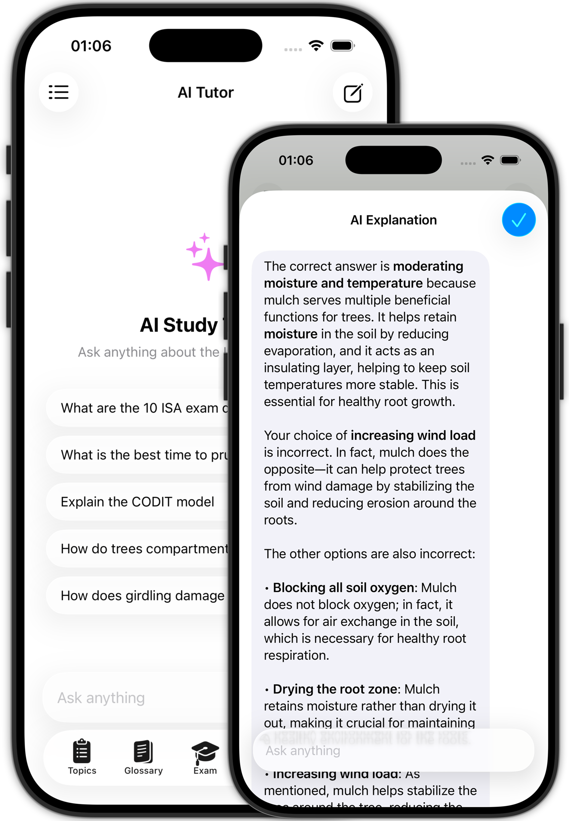 ISA Arborist Exam Prep app showing an AI tutor explanation for a missed question