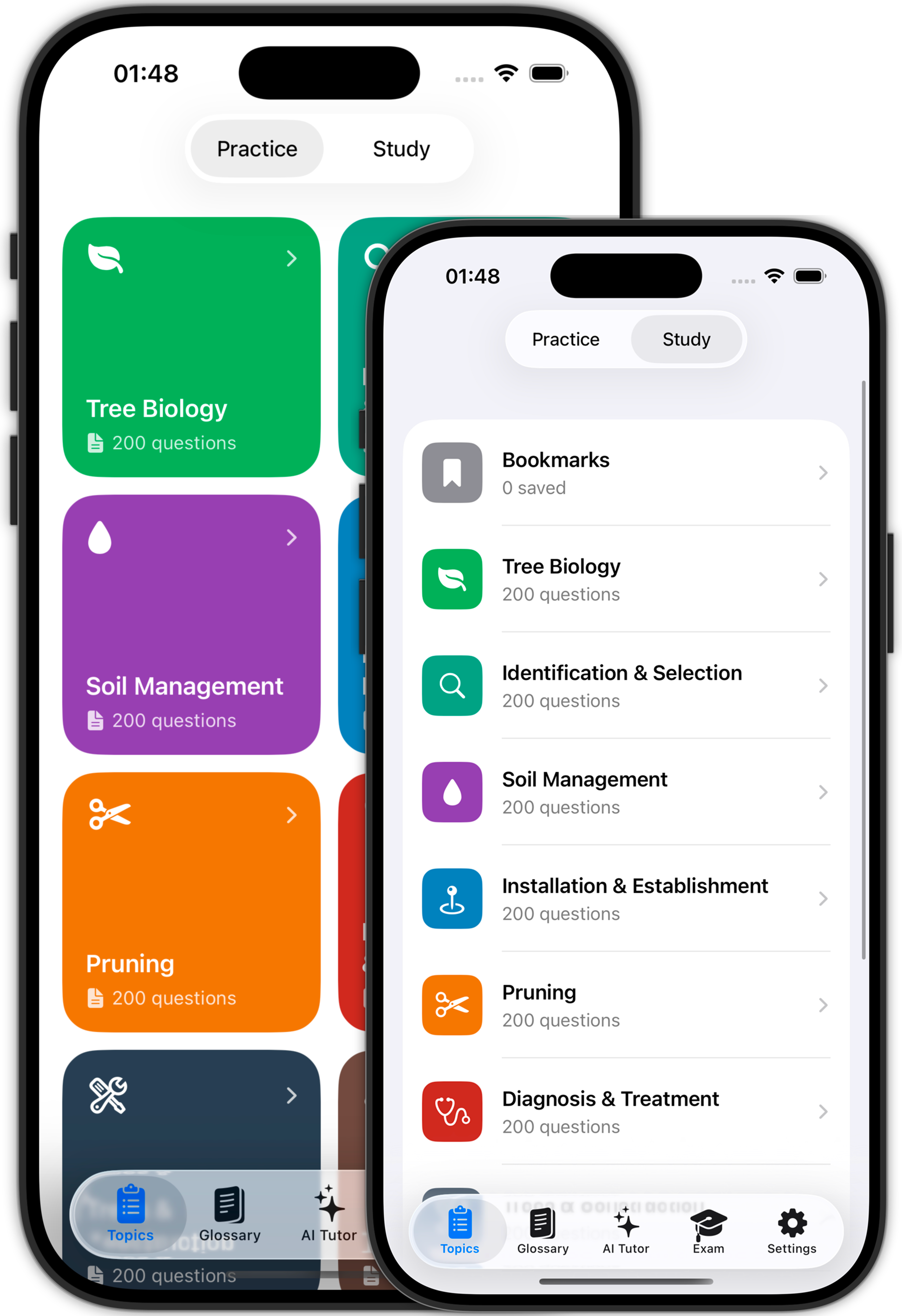 ISA Arborist Exam Prep app showing domain-based practice questions